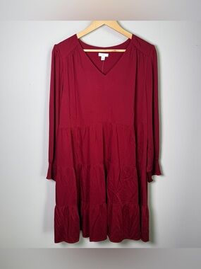 J.Jill NWT Tiered Viscose Dress | Crimson | Long Ruffle Sleeve Boho| Size L